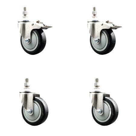 Service Caster 4 Inch 316SS Black Polyurethane 12mm Threaded Stem Caster Lock Brake, 2PK SS316TSTTL20S414-PPUB-BLK-M1215-2-S2